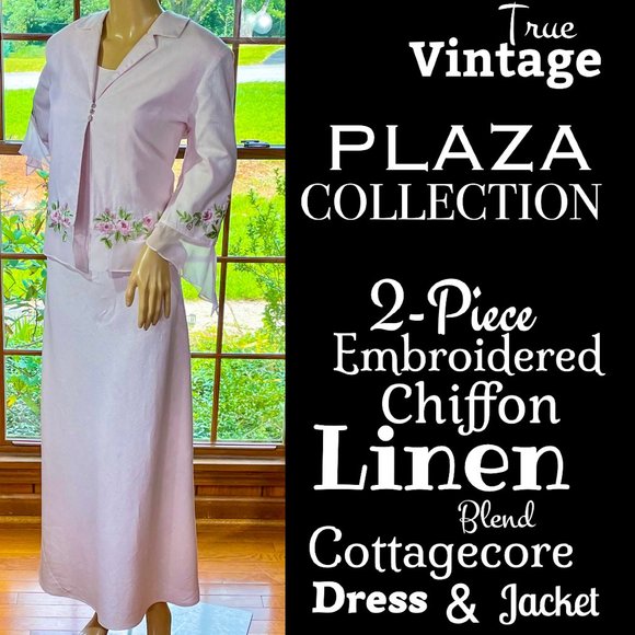 Vintage Dresses & Skirts - ▪️VTG▪️PLAZA COLLECTION▪️2-Piece Embroidered Chiffon Linen Blend Dress & Jacket